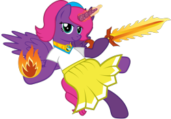 Size: 2673x1860 | Tagged: safe, artist:andrevus, oc, oc only, oc:pinkmane, species:alicorn, species:pony, alicorn oc, clothing, fireball, floating, hairband, jewelry, magic, necklace, simple background, solo, spell, sword, transparent background, weapon