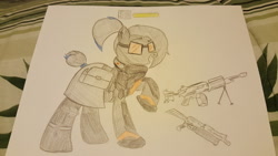 Size: 1280x720 | Tagged: safe, artist:straighttothepointstudio, oc, oc only, oc:ex-plasma, species:earth pony, species:pony, gear, gun, health bars, lmg, mk46, ponytail, pp-19, short tail, smiling, solo, submachinegun, sunglasses, the division, the division watch, the division: survival, traditional art, weapon