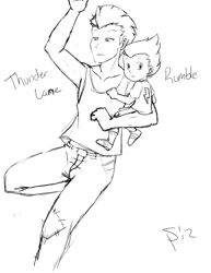 Size: 1224x1584 | Tagged: safe, artist:sugar-plum, character:rumble, character:thunderlane, species:human, brothers, duo, duo male, humanized, male, monochrome