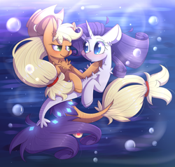 Size: 3127x2971 | Tagged: safe, artist:soundwavepie, character:applejack, character:rarity, species:seapony (g4), ship:rarijack, my little pony: the movie (2017), bedroom eyes, blushing, bubble, female, lesbian, looking at each other, seaponified, seapony applejack, seapony rarity, shipping, species swap, underwater