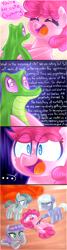 Size: 800x2976 | Tagged: safe, artist:siggie740, character:boulder, character:gummy, character:limestone pie, character:marble pie, character:maud pie, character:pinkie pie, species:earth pony, species:pony, blank flank, comic, dialogue, existentialism, female, filly, gummy the deep thinker, lidded eyes, poking, prone, stick, worried