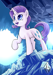 Size: 1240x1748 | Tagged: safe, artist:sea-maas, character:rarity, species:pony, species:unicorn, caves, female, happy, mare, raised hoof, smiling, solo
