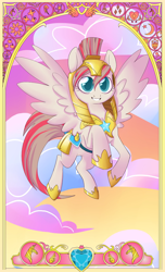 Size: 620x1021 | Tagged: safe, artist:dinkelion, character:angel wings, species:pegasus, species:pony, armor, cloud, cloudy, colored pupils, flying, helmet, male, royal guard, sky, smiling, solo