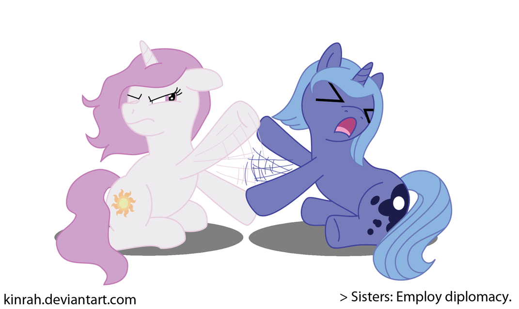 Size: 1071x637 | Tagged: safe, artist:kinrah, character:princess celestia, character:princess luna, species:pony, species:unicorn, >.<, animated, cewestia, diplomacy, duo, eyes closed, female, fight, filly, filly celestia, filly luna, gif, pink-mane celestia, royal sisters, sissy slap fight, tantrum, woona, younger