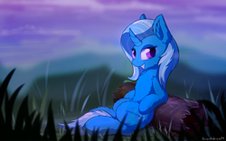 Size: 2776x1728 | Tagged: safe, artist:breakdream, character:trixie, species:pony, species:unicorn, chest fluff, female, fluffy, grass, grin, log, looking at you, mare, sitting, smiling, solo