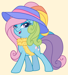 Size: 1710x1878 | Tagged: safe, artist:equmoria, base used, character:rainbow dash (g3), species:earth pony, species:pony, g3, g3.5, clothing, female, g3.5 to g4, g3betes, generation leap, hat, lidded eyes, rainbow dash always dresses in style, scarf, simple background, smiling, solo, yellow background