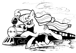 Size: 900x629 | Tagged: safe, artist:yewdee, character:applejack, species:earth pony, species:pony, newbie artist training grounds, atg 2017, black and white, female, grayscale, mare, monochrome, running, solo, train