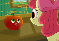 Size: 1350x950 | Tagged: safe, artist:hc0, character:apple bloom, character:applejack, species:pony, apple, applejack becoming an apple, cute, female, filly, food, jackabetes, mare, open mouth, pickle rick, rick and morty, silly, silly pony, smiling, that pony sure does love apples
