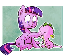 Size: 773x678 | Tagged: safe, artist:nukilik, character:spike, character:twilight sparkle, species:dragon, species:pony, species:unicorn, baby, baby dragon, baby spike, cute, cutie mark, female, filly, filly twilight sparkle, male, mama twilight, no pupils, nukilik is trying to murder us, sitting, spikabetes, spikelove, twiabetes, younger