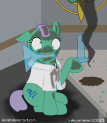 Size: 1041x1205 | Tagged: safe, artist:kinrah, oc, oc only, oc:aquamarine tide, species:earth pony, species:pony, burnt, clothing, erlenmeyer flask, female, for science, lab coat, science