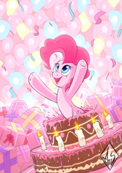 Size: 1240x1748 | Tagged: safe, artist:sea-maas, character:pinkie pie, species:pony, abstract background, balloon, cake, candle, confetti, female, food, happy, pop out cake, present, smiling, solo