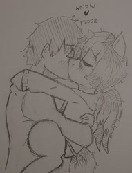 Size: 1162x1523 | Tagged: safe, artist:shpace, oc, oc only, oc:anon, oc:floor bored, species:earth pony, species:human, species:pony, /mlp/, 4chan, clothing, female, holding a pony, hoodie, human on pony action, interspecies, kissing, mare, monochrome, ponytail