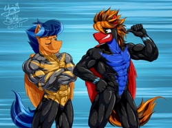 Size: 1280x952 | Tagged: safe, artist:h-stallionwolf, artist:ponyanony, oc, oc only, oc:lightning rider, oc:marker pace, species:anthro, species:pegasus, species:pony, species:unguligrade anthro, clothing, collaboration, duo, duo male, flexing, jumpsuit, male, muscles, pecs, race, racer, racing suit, rivalry, spandex, suit, tight clothing, wings