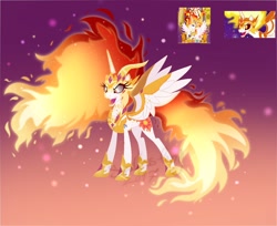 Size: 1024x836 | Tagged: safe, artist:equmoria, character:daybreaker, character:nightmare star, character:princess celestia, species:alicorn, species:pony, corrupted, female, fire, fusion, fusion:solarbreaker, mane of fire, mare, oh no, open mouth, spread wings, the fun has been doubled, the inferno has been doubled, this will end in fire, two flaming sunponies, wings, xk-class end-of-the-world scenario