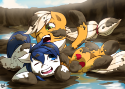 Size: 2800x2000 | Tagged: safe, artist:elzielai, character:applejack, oc, oc:constance everheart, species:pony, canon x oc, everjack, female, male, mud, muddy, playing, shipping, smiling, straight