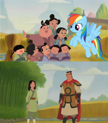 Size: 3294x3741 | Tagged: safe, artist:conthauberger, character:rainbow dash, crossover, crossover shipping, disney, disney princess, lesson number 1, li shang, mulan, shipping