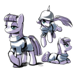 Size: 900x900 | Tagged: safe, artist:stupjam, character:maud pie, species:earth pony, species:pony, female, galloping, helmet, mare, pickelhaube, prone, simple background, smock, solo, white background