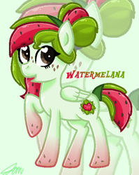 Size: 432x544 | Tagged: safe, artist:imtailsthefoxfan, oc, oc only, oc:watermelana, species:pony, freckles, gradient hooves, raised hoof, solo