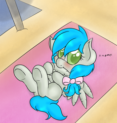 Size: 1584x1674 | Tagged: safe, artist:laptopbrony, oc, oc only, oc:darcy sinclair, species:pony, beach, biting, cute, looking at you, nom, on back, solo, wing bite, wing noms