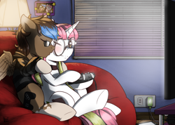 Size: 1024x731 | Tagged: safe, artist:elzielai, oc, oc only, oc:playthrough, species:pegasus, species:pony, species:unicorn, beanbag chair, bedroom, blushing, clothing, commission, controller, couple, female, glasses, hoodie, kissing, lamp, male, mare, oc x oc, phone, shipping, stallion, straight, television