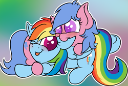 Size: 1133x767 | Tagged: safe, artist:laptopbrony, character:firefly, character:rainbow dash, species:pegasus, species:pony, ship:dashfly, g1, :t, biting, blep, blushing, cuddling, cute, dashabetes, ear bite, female, flyabetes, gradient background, hug, lesbian, mare, nom, pony pile, puffy cheeks, shipping, silly, tongue out, underhoof