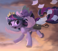 Size: 823x722 | Tagged: safe, artist:bakuel, character:spike, character:twilight sparkle, character:twilight sparkle (alicorn), species:alicorn, species:dragon, species:pony, baby, baby dragon, crown, cute, dragons riding ponies, female, flying, jewelry, male, mare, open mouth, paper, regalia, riding, saddle bag, sky, smiling, spikabetes, twiabetes, wings
