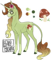 Size: 1158x1368 | Tagged: safe, artist:legally-psychotic, oc, oc only, species:classical unicorn, species:pony, species:unicorn, blaze (coat marking), cloven hooves, flower, flower in hair, glasses, gradient hair, leonine tail, male, reference sheet, simple background, socks (coat marking), solo, stallion, transparent background