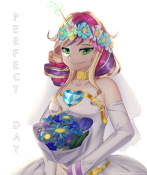 Size: 1600x1900 | Tagged: safe, artist:togeticisa, character:queen chrysalis, species:human, episode:a canterlot wedding, g4, my little pony: friendship is magic, clothing, dress, fake cadance, flower, horned humanization, humanized, simple background, wedding dress, white background