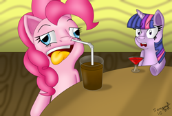 Size: 1500x1014 | Tagged: safe, artist:sergeant16bit, character:pinkie pie, character:twilight sparkle, species:pony, bendy straw, chocolate, chocolate milk, derp, derp face, digital painting, drink, drinking straw, duo, milk, nose, oddly-colored tongue, pinkie being pinkie, red soda, silly, silly face, silly pony, tongue out, wall eyed, wat, weird, wooden floor