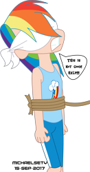 Size: 2500x4768 | Tagged: safe, artist:michaelsety, character:rainbow dash, species:human, episode:daring done, blindfold, bondage, dialogue, female, humanized, rope, rope bondage, simple background, solo, tied up, transparent background