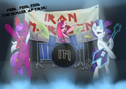 Size: 1024x724 | Tagged: safe, artist:quila111, character:pinkie pie, character:rarity, oc, oc:burning passion, species:pony, bipedal, drums, glowing horn, guitar, iron maiden, iron mareden, lights, magic, microphone, ponified, stage, telekinesis