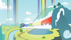 Size: 7680x4320 | Tagged: safe, artist:craftybrony, episode:sleepless in ponyville, g4, my little pony: friendship is magic, absurd resolution, background, cloud, flag, gazebo, grass, mountain, no pony, rainbow waterfall, scenery, sky, tree, vector, water, waterfall, winsome falls