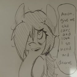 Size: 1240x1240 | Tagged: safe, artist:shpace, oc, oc only, oc:anon, oc:floor bored, species:earth pony, species:pony, /mlp/, 4chan, dialogue, female, heart eyes, mare, monochrome, open mouth, ponytail, solo, speech bubble, traditional art, wingding eyes