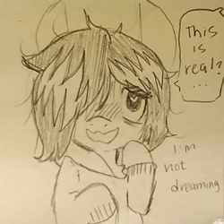 Size: 1030x1030 | Tagged: safe, artist:shpace, oc, oc only, oc:floor bored, species:earth pony, species:pony, /mlp/, 4chan, blushing, clothing, dialogue, female, heart eyes, mare, monochrome, open mouth, speech bubble, sweater, wingding eyes