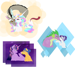Size: 2244x2036 | Tagged: safe, artist:miyathegoldenflower, character:discord, character:flash sentry, character:princess celestia, character:rarity, character:spike, character:twilight sparkle, character:twilight sparkle (alicorn), species:alicorn, species:dragon, species:pony, ship:dislestia, ship:flashlight, ship:sparity, alternate hairstyle, female, kissing, male, older, older spike, shipping, straight