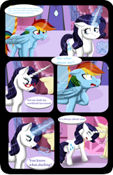 Size: 3256x5040 | Tagged: safe, artist:shadeila, character:rainbow dash, character:rarity, species:pegasus, species:pony, species:unicorn, comic:why did i fall in love with her?, ship:raridash, carousel boutique, comic, dialogue, female, floppy ears, glasses, high res, lesbian, magic, mannequin, mare, open mouth, shipping, telekinesis