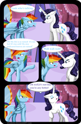 Size: 3228x4917 | Tagged: safe, artist:shadeila, character:rainbow dash, character:rarity, species:pegasus, species:pony, species:unicorn, comic:why did i fall in love with her?, ship:raridash, argument, carousel boutique, comic, dialogue, female, floppy ears, high res, lesbian, looking at each other, mare, open mouth, raised hoof, shipping