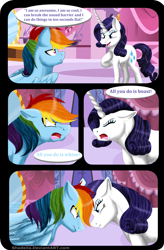 Size: 3228x4917 | Tagged: safe, artist:shadeila, character:rainbow dash, character:rarity, species:pegasus, species:pony, species:unicorn, comic:why did i fall in love with her?, ship:raridash, carousel boutique, dialogue, eyes closed, female, floppy ears, high res, lesbian, looking at each other, mare, open mouth, raised hoof, shipping