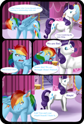 Size: 3656x5376 | Tagged: safe, artist:shadeila, character:rainbow dash, character:rarity, species:pegasus, species:pony, species:unicorn, comic:why did i fall in love with her?, ship:raridash, carousel boutique, dialogue, eyes closed, female, floppy ears, high res, lesbian, mare, open mouth, shipping