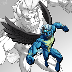 Size: 1278x1278 | Tagged: safe, artist:ponyanony, character:thunderlane, species:anthro, species:pegasus, species:pony, species:unguligrade anthro, biceps, clothing, male, muscles, pecs, solo, tight clothing, uniform, wonderbolts uniform, zoom layer