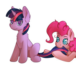 Size: 1229x1080 | Tagged: safe, artist:senaelik, character:pinkie pie, character:twilight sparkle, species:earth pony, species:pony, species:unicorn, annoyed, bags under eyes, biting, chest fluff, duo, ear fluff, female, frown, mare, nom, simple background, sitting, tail bite, transparent background, twilight is not amused, unamused
