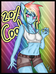 Size: 698x924 | Tagged: safe, artist:blup-chan, character:rainbow dash, species:anthro, clothing, female, human facial structure, shorts, solo, tank top