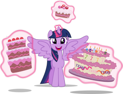Size: 1998x1532 | Tagged: safe, artist:jp, derpibooru original, character:twilight sparkle, character:twilight sparkle (alicorn), species:alicorn, species:pony, cake, cute, female, food, happy, happy birthday mlp:fim, magic, mlp fim's seventh anniversary, simple background, solo, transparent background, twiabetes