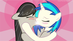 Size: 11520x6480 | Tagged: safe, artist:lazypixel, character:dj pon-3, character:octavia melody, character:vinyl scratch, species:earth pony, species:pony, species:unicorn, ship:scratchtavia, absurd resolution, blushing, eyes closed, female, floppy ears, hooves, horn, kissing, lesbian, mare, shipping, vector
