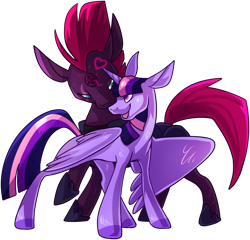 Size: 3185x3056 | Tagged: safe, artist:draikinator, character:fizzlepop berrytwist, character:tempest shadow, character:twilight sparkle, character:twilight sparkle (alicorn), species:alicorn, species:pony, ship:tempestlight, my little pony: the movie (2017), broken horn, female, lesbian, mare, shipping, simple background, smiling, transparent background