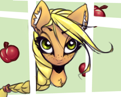 Size: 2000x1600 | Tagged: safe, artist:limchph2, character:applejack, species:earth pony, species:pony, apple, ear fluff, female, food, hatless, looking at you, mare, missing accessory, solo