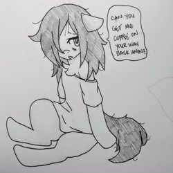 Size: 3120x3119 | Tagged: safe, artist:shpace, oc, oc only, oc:floor bored, species:earth pony, species:pony, chest fluff, clothing, dialogue, female, floppy ears, hair over one eye, implied anon, loose fitting clothes, mare, monochrome, open mouth, shirt, sitting, solo, speech bubble