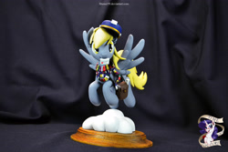 Size: 4608x3072 | Tagged: safe, artist:shuxer59, character:derpy hooves, species:pegasus, species:pony, female, figurine, flying, fourth doctor's scarf, mail, mailmare, mare, photo, saddle bag, sculpture, solo, traditional art, underp