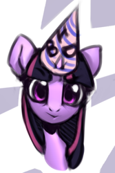 Size: 526x787 | Tagged: safe, artist:limchph2, character:twilight sparkle, species:pony, abstract background, bust, clothing, female, happy birthday, hat, mare, party hat, portrait, solo