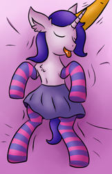 Size: 1392x2143 | Tagged: safe, artist:raktor, oc, oc only, oc:northern flame, species:pony, species:unicorn, chest fluff, clothing, crossdressing, ear fluff, ear scratch, eyes closed, femboy, male, offscreen character, on back, pet play, skirt, socks, stallion, striped socks, tongue out